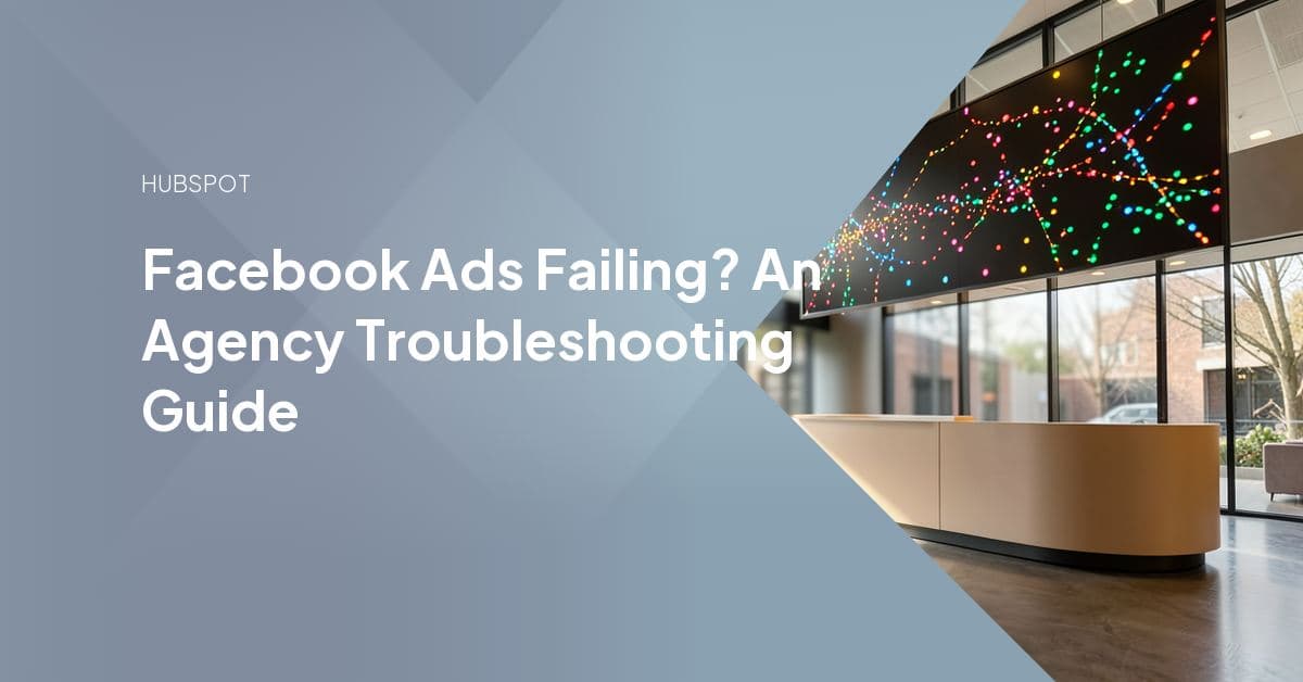 A magnifying glass over a Facebook Ads Manager dashboard, diagnosing an underperforming campaign's budget, targeting, and tracking settings.