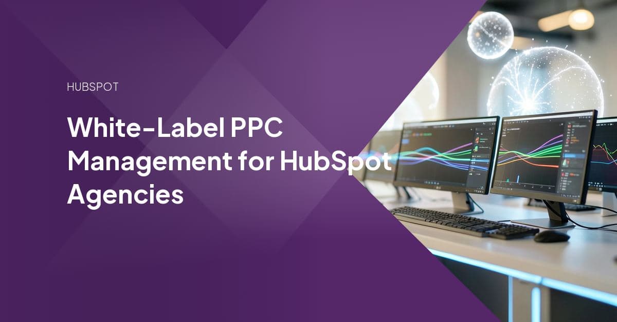 Agency team reviewing a branded PPC performance report showing Google and Meta ad campaign results delivered under their own logo, not a vendor's.