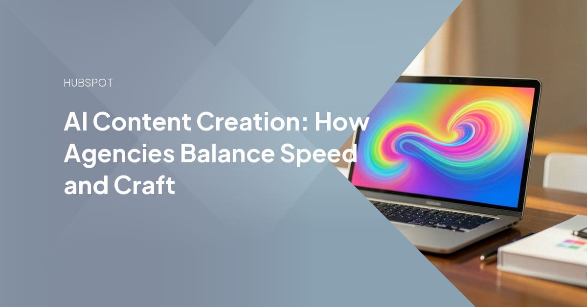 A content strategist reviewing an AI-generated draft on a laptop next to a client's brand-voice guidelines, representing an agency blending automated drafting with human editorial judgment.