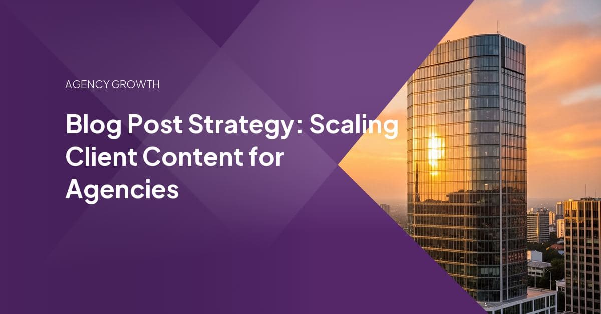 Illustration of a single blog post branching into social posts, an email feature, and a video, representing an agency repurposing one client article into multiple deliverables