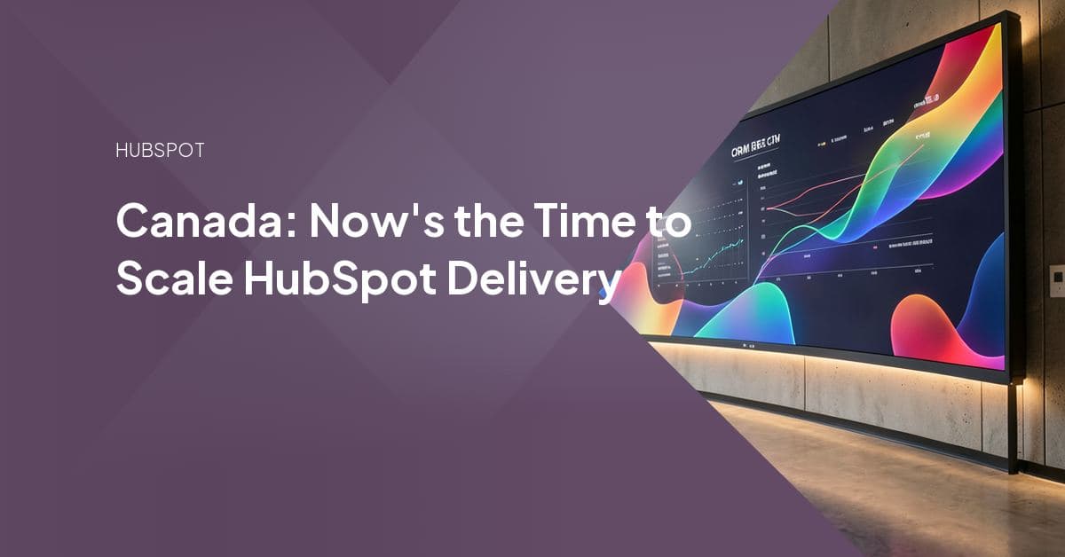 A stylized map of Canada connected by lines to HubSpot's orange icon, representing agencies scaling HubSpot delivery for Canadian clients.