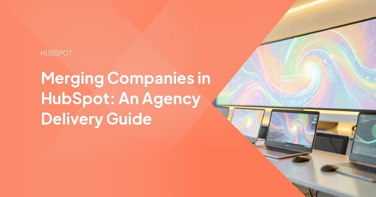 Two duplicate HubSpot company records consolidating into one clean, primary company record during a merge.