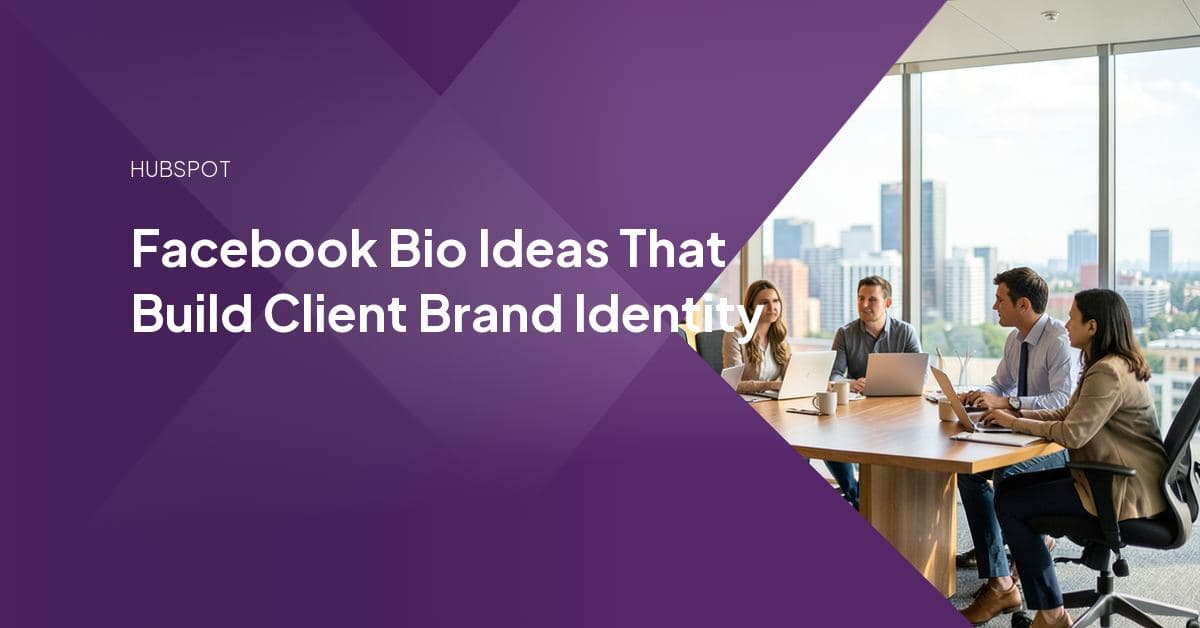 An agency social media manager reviewing a client's Facebook 'About' and bio fields alongside the client's brand style guide on a laptop screen