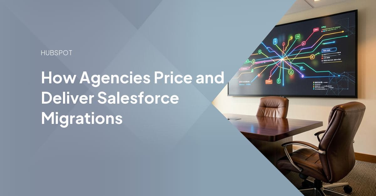 Data records flowing from a Salesforce CRM icon into HubSpot's Smart CRM, representing an agency-led Salesforce-to-HubSpot migration and field mapping