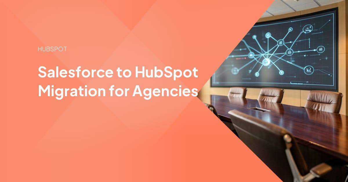 Data records flowing from a Salesforce CRM icon into HubSpot's Smart CRM, representing an agency-led Salesforce-to-HubSpot migration and field mapping