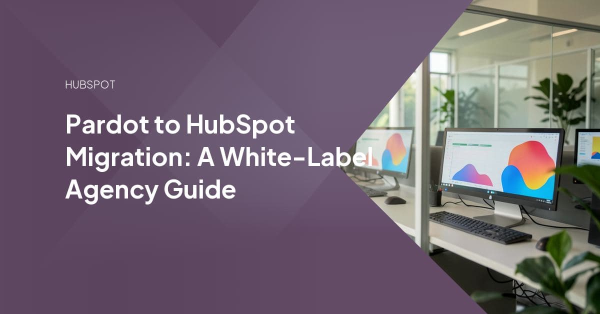 A Pardot funnel diagram transforming into a connected HubSpot CRM workflow, representing an agency-led platform migration for a client