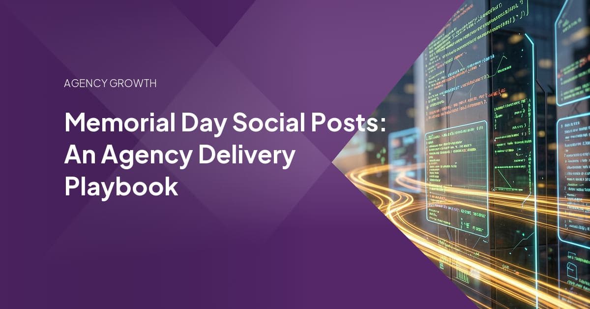 An agency team reviewing a Memorial Day social content calendar, with reverent tribute posts queued across multiple client brand accounts