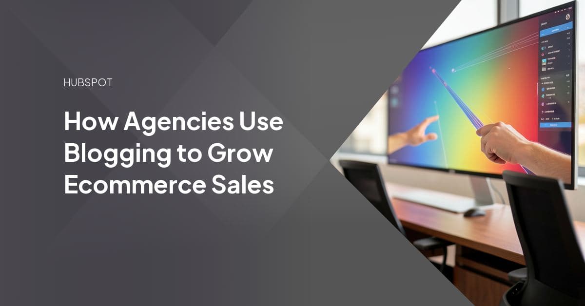 Laptop showing an ecommerce blog post beside a product photo and a rising sales graph, illustrating the path from blog content to storefront revenue.