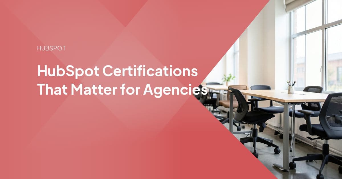 A HubSpot-certified agency team reviewing a certification roadmap beside a Solutions Partner tier ladder, illustrating skill versus delivery capacity