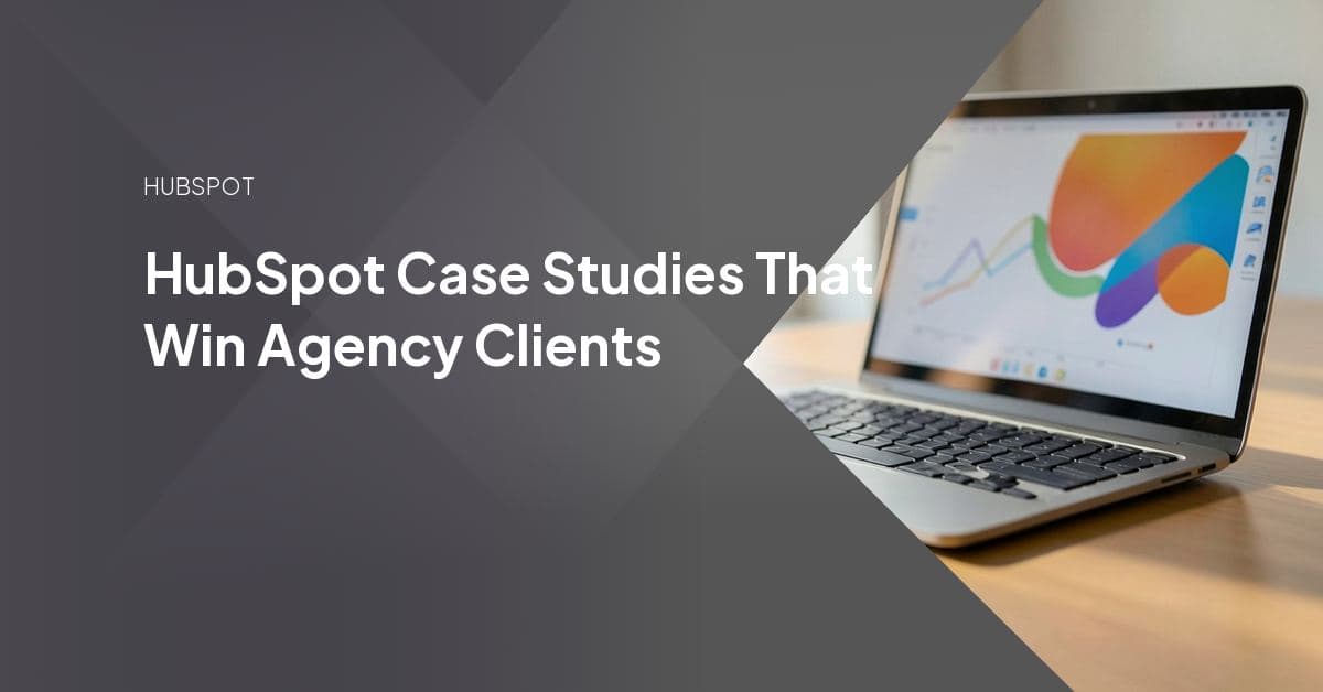 A laptop displaying a HubSpot reporting dashboard next to a printed case study layout with a before-and-after metrics chart