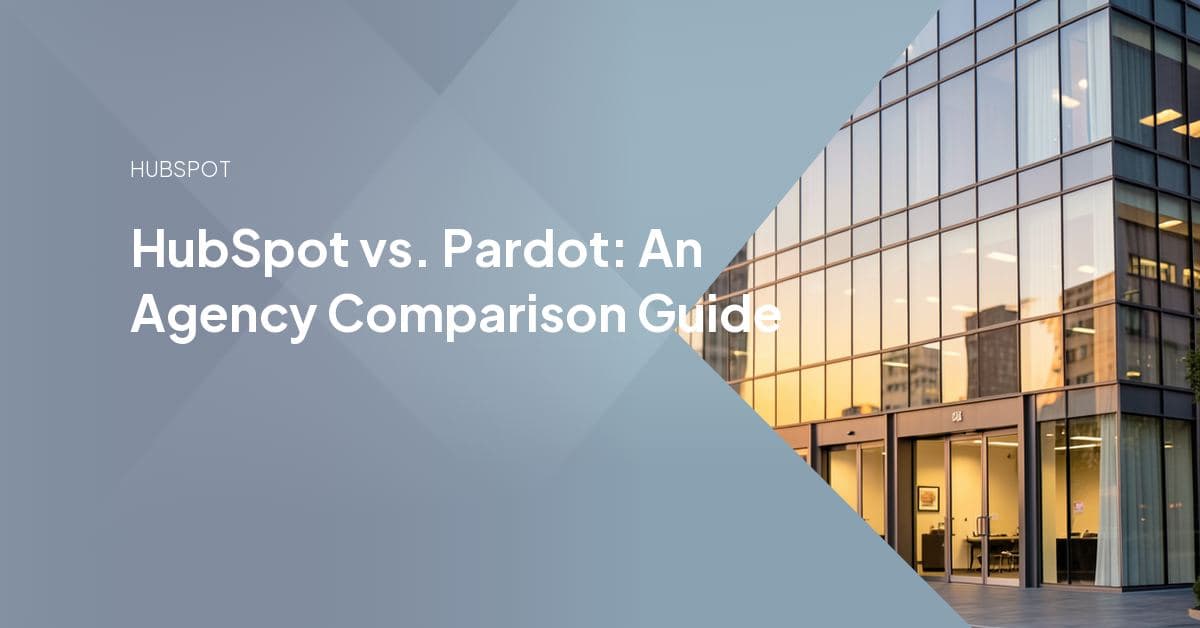 Split comparison graphic contrasting HubSpot's all-in-one marketing and CRM dashboard with Salesforce Pardot's B2B lead-nurturing tools for an agency evaluating a client migration.