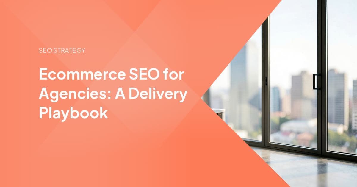 An ecommerce storefront on a laptop screen with search ranking signals, product schema, and site-speed metrics overlaid, representing an agency's SEO delivery workflow.
