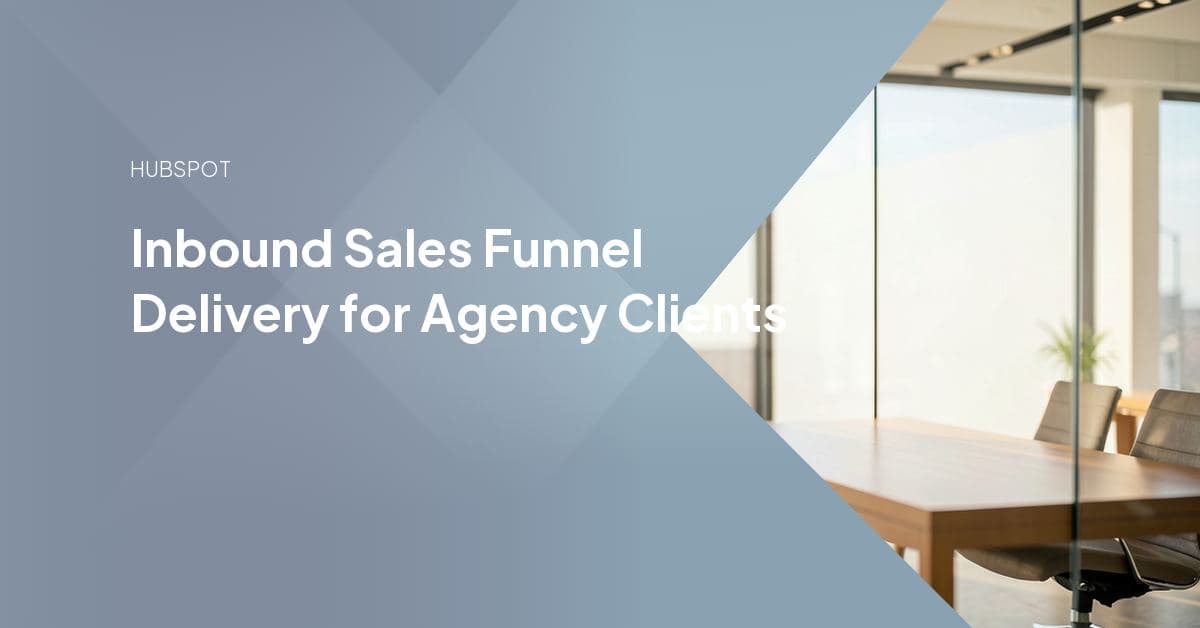 A three-stage funnel diagram showing content and search at the top, nurture workflows in the middle, and a sales handoff at the bottom, mapped to HubSpot's Content Hub, Marketing Hub, and Sales Hub.