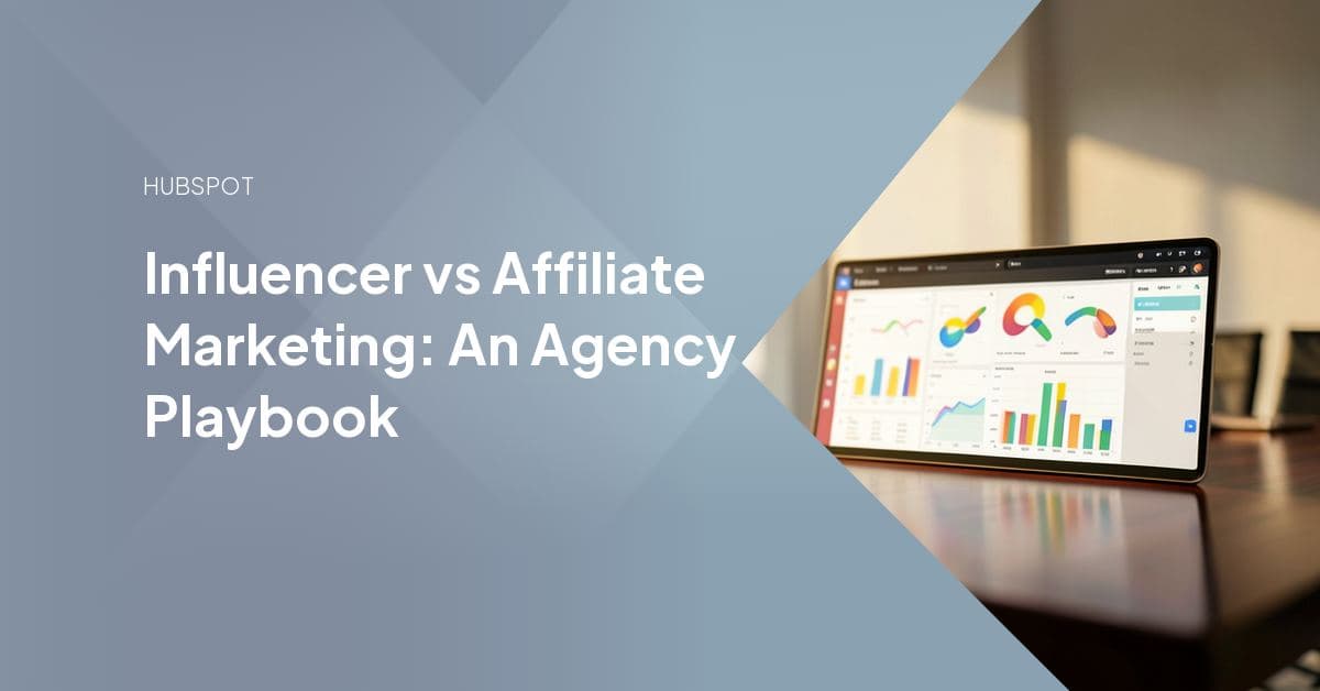 Split illustration comparing a social media influencer creating branded content with an affiliate marketer monitoring tracked sales links and commission data.