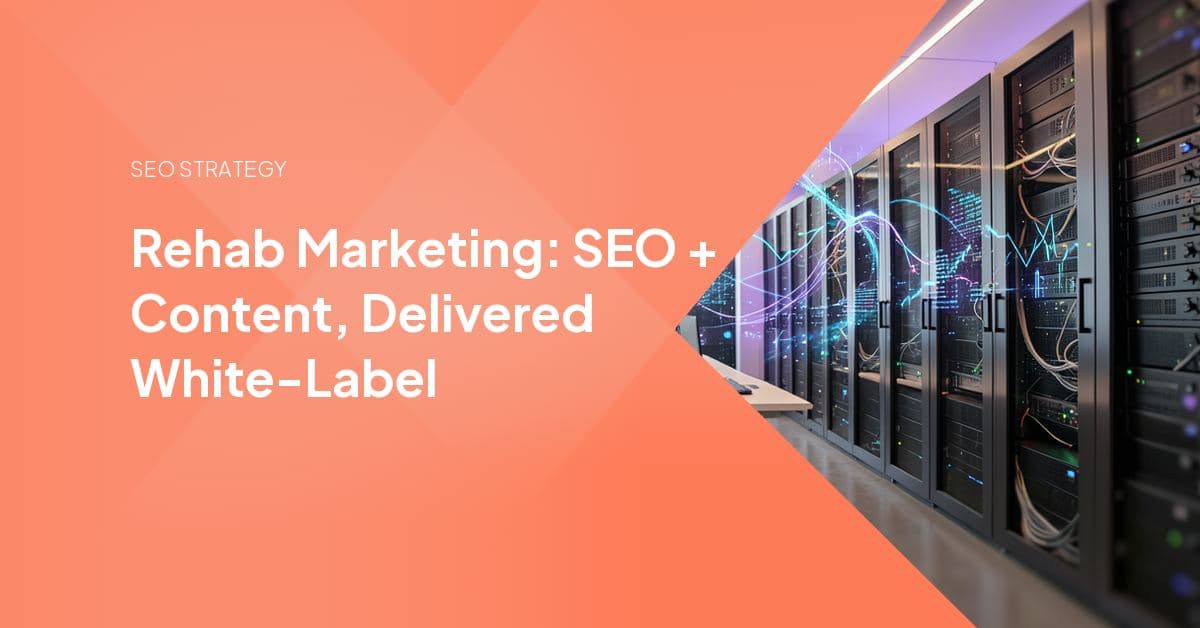 Laptop screen split between a rising organic search ranking chart and a treatment-center blog content calendar, representing an agency's combined SEO and content retainer.