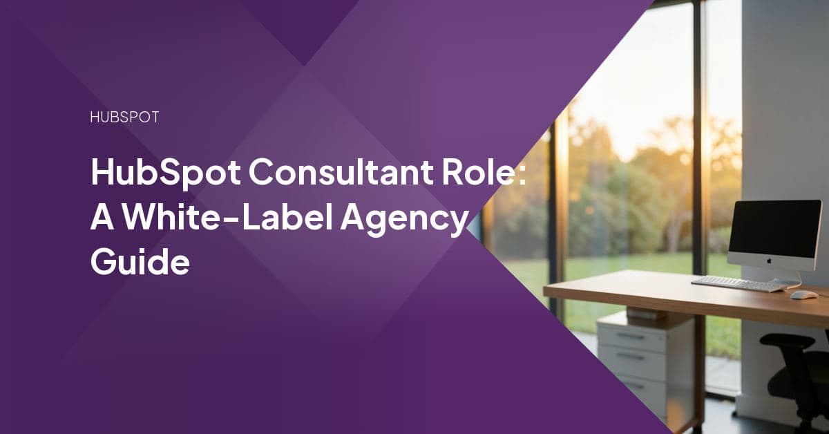 A HubSpot consultant reviewing a client's portal audit and automation workflow on a laptop, delivering white-label support for an agency.