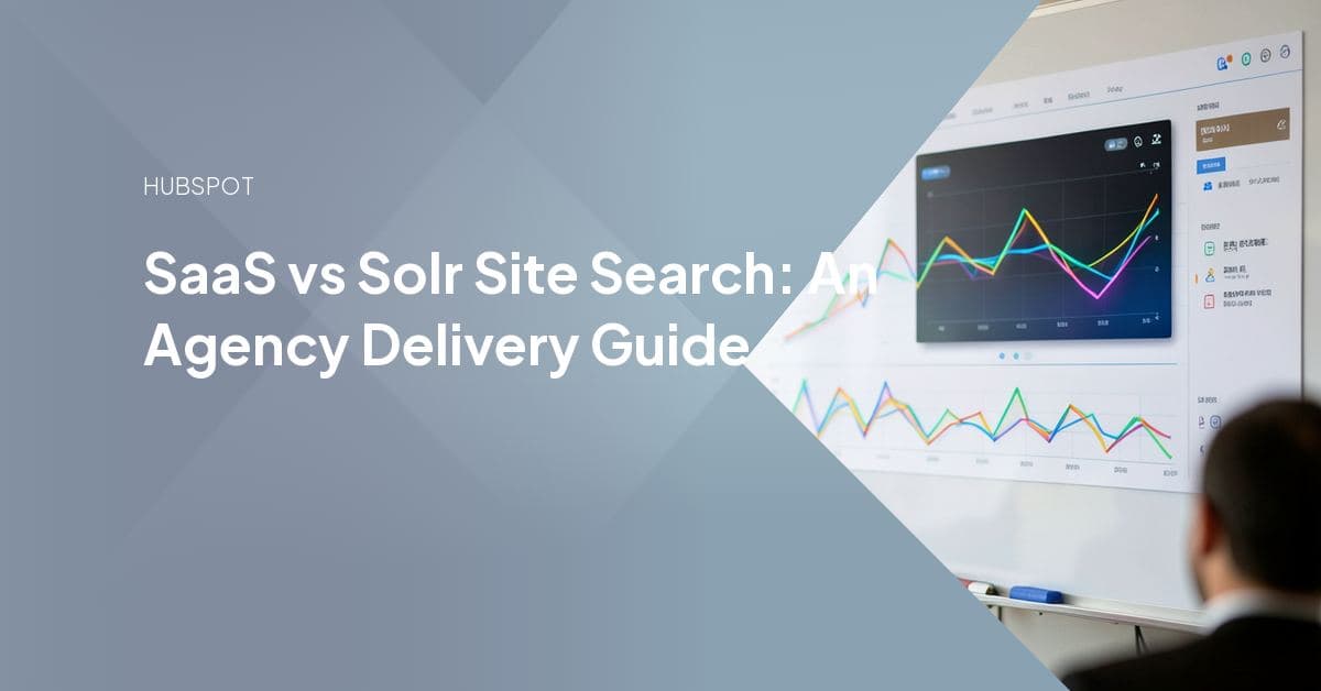 Split-screen comparison of an open-source Apache Solr search engine console on one side and a hosted SaaS site-search merchandising dashboard on the other, framing an agency's build-vs-buy decision for ecommerce search.