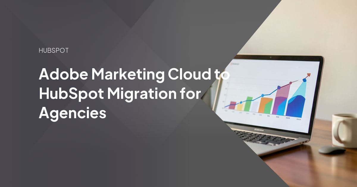 Illustration of contact data and campaign workflows moving out of Adobe Marketing Cloud and into a HubSpot portal dashboard during an agency-led migration