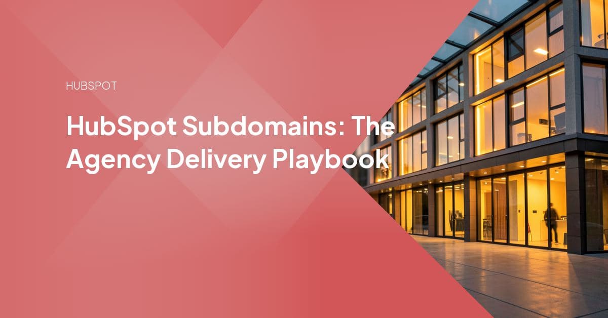 Diagram of a client's root domain branching into blog, campaign, and landing-page subdomains inside a HubSpot Content Hub portal