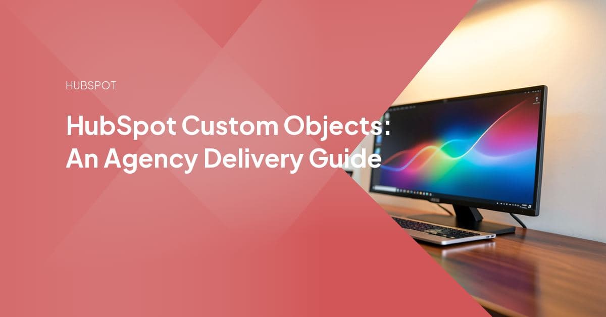 Generic HubSpot blog title-card graphic with a gradient background and a stock photo of a man at a monitor viewing an abstract 3D data-swirl visualization.