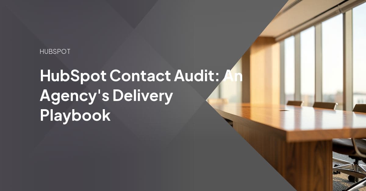 An agency team reviewing a HubSpot contacts list on screen, flagging duplicate, bounced, and inactive records during a client portal audit
