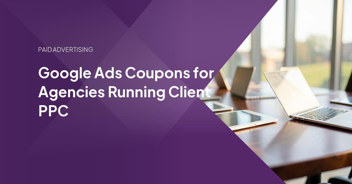 Laptop screen showing a Google Ads billing dashboard with a promotional credit code being applied to a client's campaign.