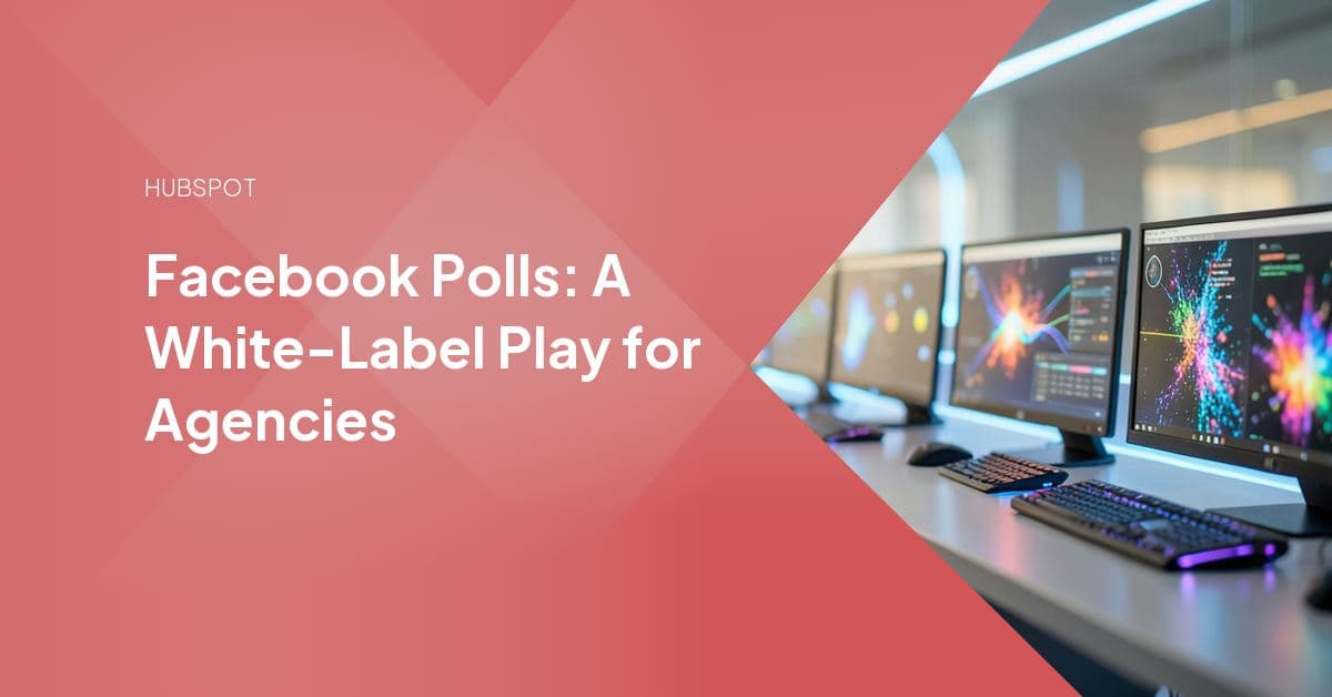 A social media manager building and templating a Facebook poll on a laptop, with vote-share bars and engagement icons representing agency-run client results