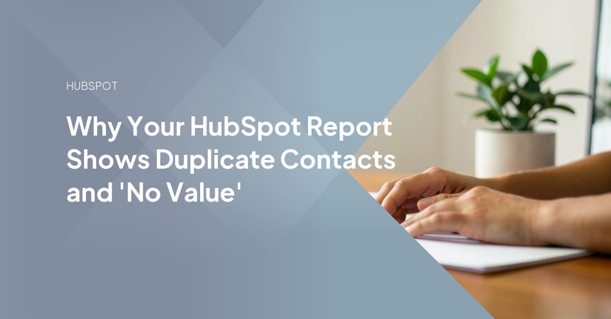 A HubSpot custom report table with a contact appearing on several rows and a row labelled No value.